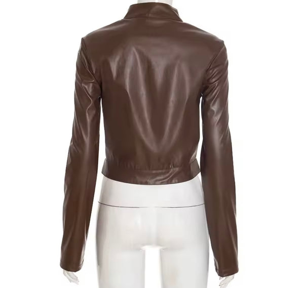 Women Color Fashion Zip Up Faux Leather Jacket