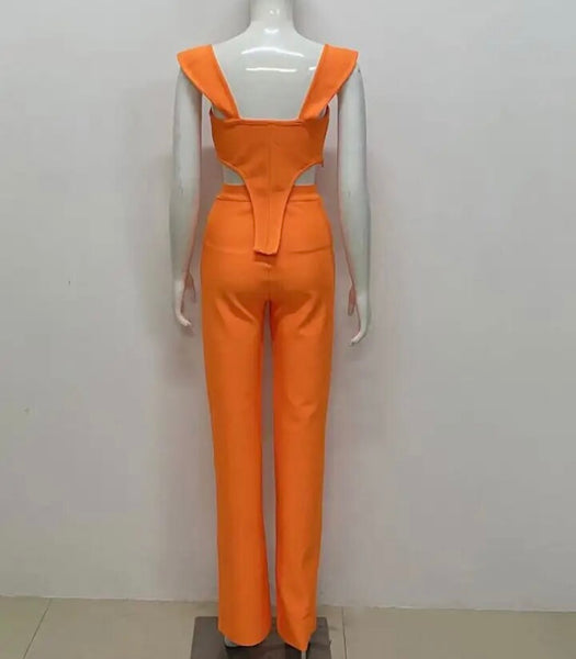 Women Orange Sleeveless Fashion Two Piece Pant Set