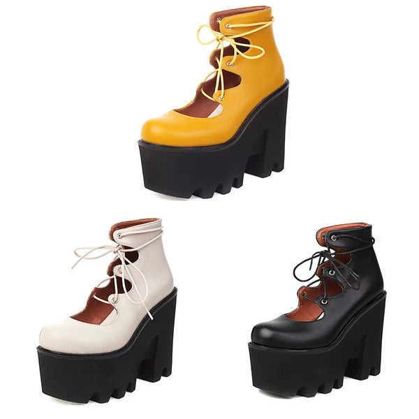 Women Fashion Color Lace Up Platform Shoes