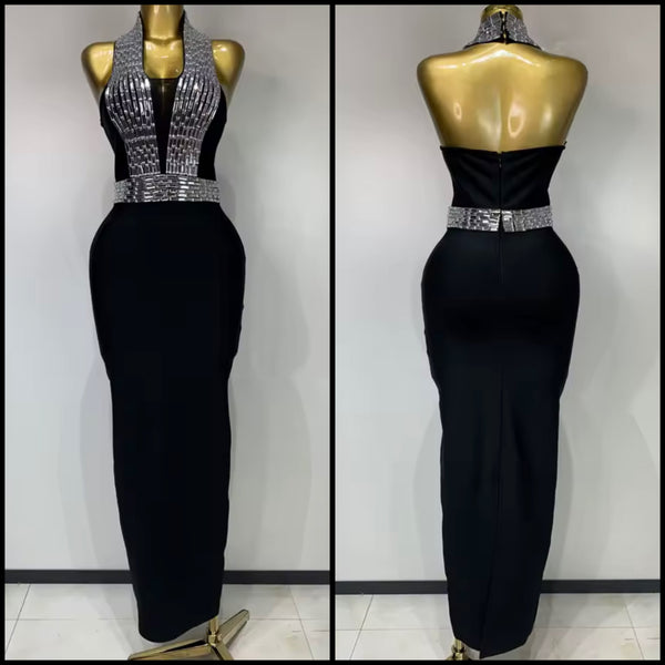 Women Black Bling Halter Sexy Sleeveless Maxi Dress