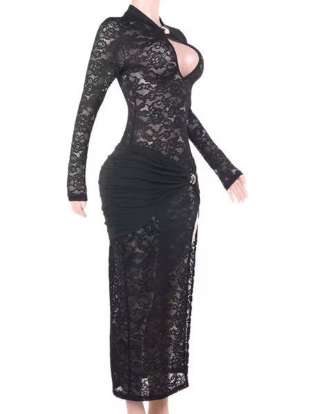 Women Sexy Black Lace Cut Out Full Sleeve Side Split Maxi Dress