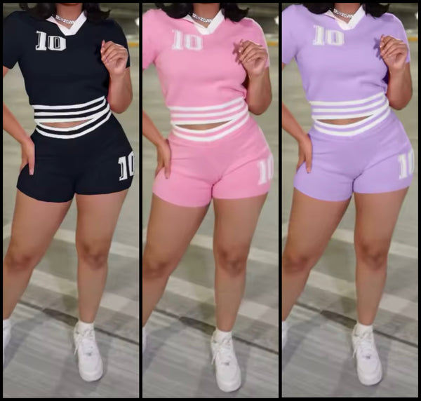 Women Fashion Number Short Sleeve Color Patchwork Two Piece Short Set