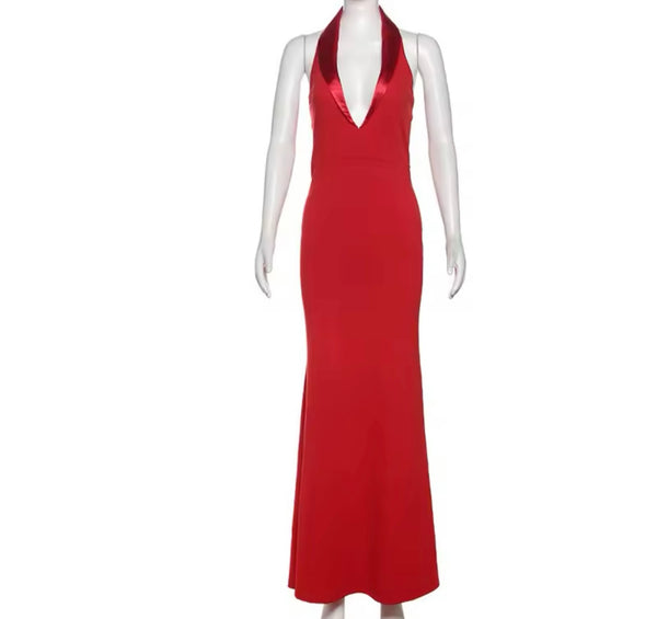 Women Red Sexy Halter Sleeveless Maxi Dress