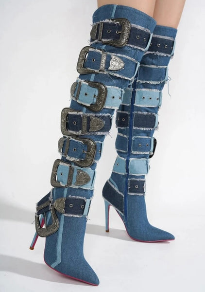 Women Fashion Color Patchwork Buckled Denim Knee High Boots