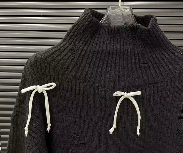 Women Fashion Ripped Turtleneck Bow Patchwork Sweater Top