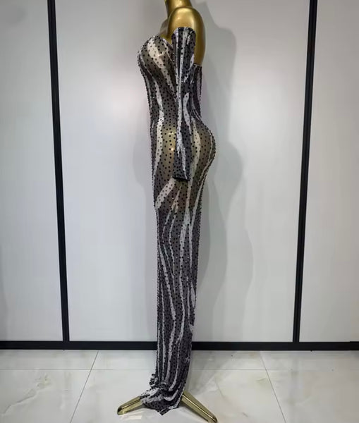 Women Sexy B&W Print Crystal Mesh Full Sleeve Maxi Dress