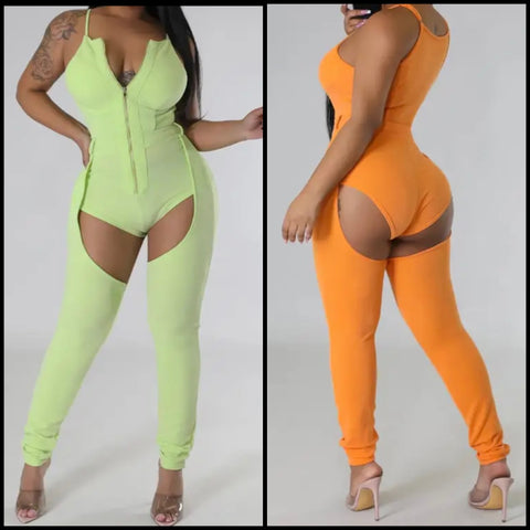 Women Sexy Sleeveless Front Zipper Cut Out Jumpsuit