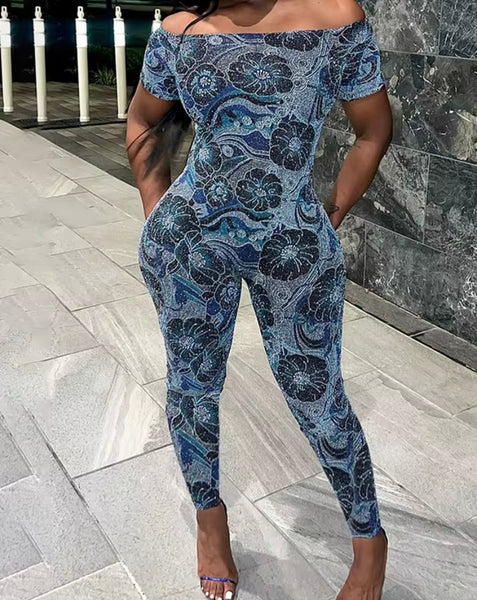 Women Sexy Off The Shoulder Short Sleeve Blue Printed Jumpsuit