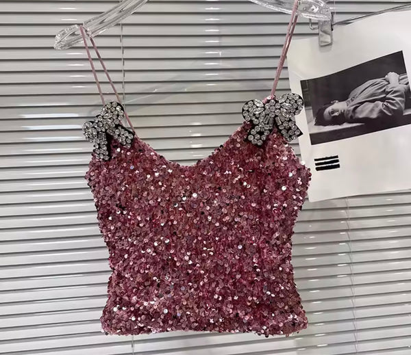 Women Pink Sequins Rhinestone Bow Sleeveless Two Piece Short Set