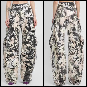 Women Fashion B&W Tie Dye Cargo Denim Pants