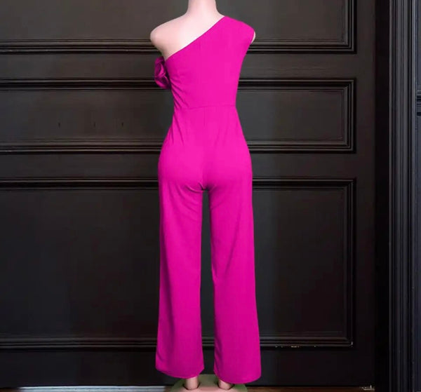 Women Sexy Pink Ruffled One Shoulder Jumpsuit