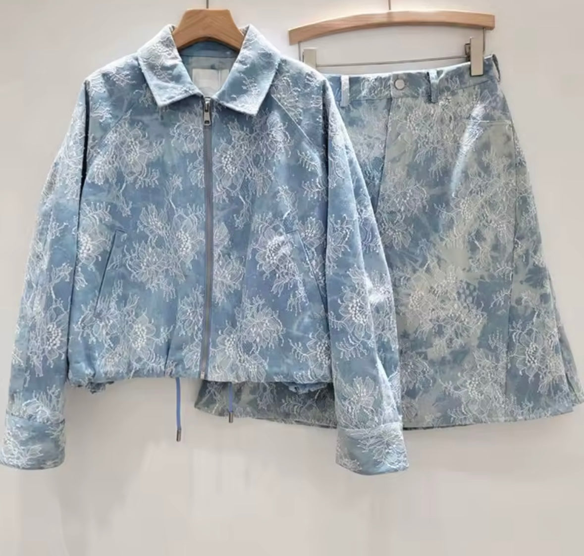 Women Fashion Zip Up Lace Denim Two Piece Skirt Set