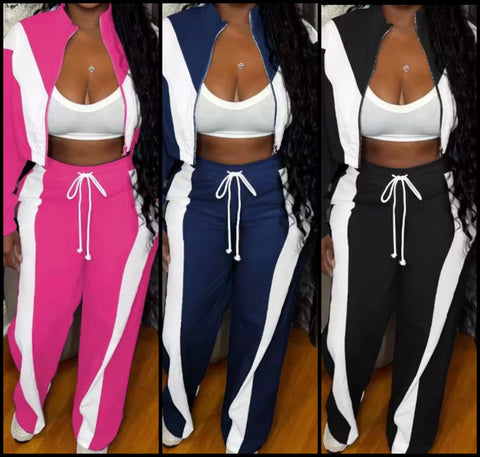 Women Fashion Zip Up Striped Tracksuit Two Piece Pant Set