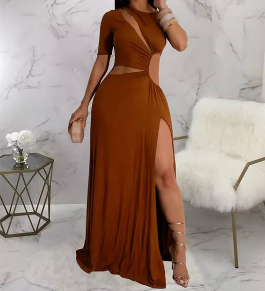 Women Sexy Solid Color Short Sleeve Cut Out Side Split Maxi Dress