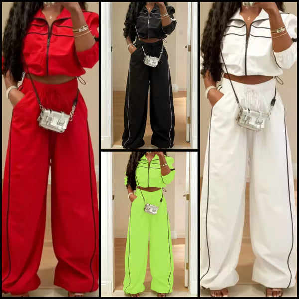 Women Fashion Zip Up Striped Tracksuit Two Piece Pant Set