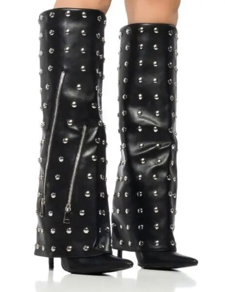 Women Black Rivet Zipper Faux Leather Knee High Boots