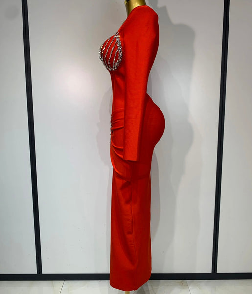 Women Sexy V-neck Bling Full Sleeve Bandage Maxi Dress