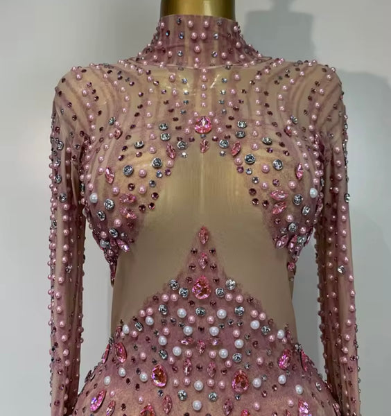 Women Sexy Beaded Rhinestone Full Sleeve Mesh Maxi Dress