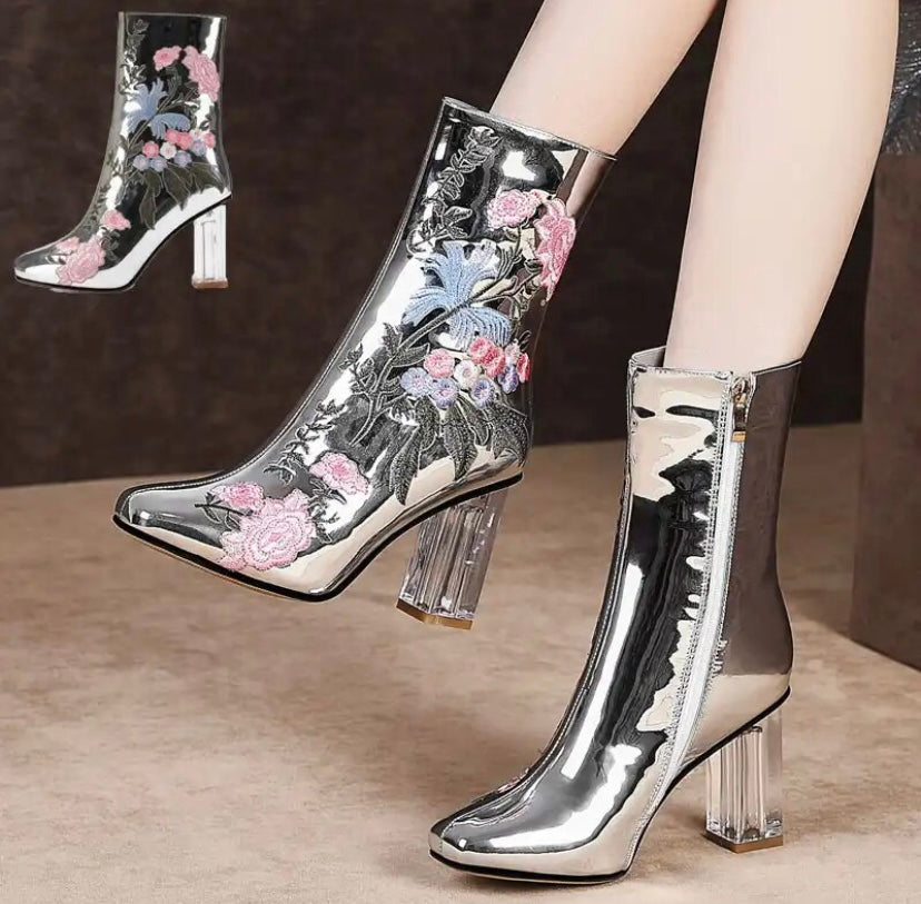 Women Silver Floral Square Heel Fashion Ankle Boots