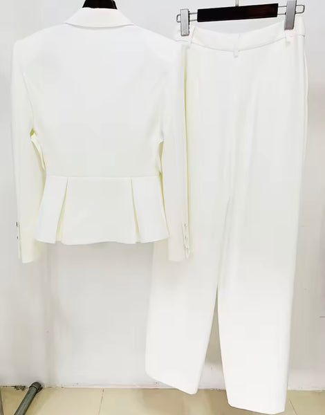 Women White Cut Out Mesh Button Up Blazer Two Piece Pant Set