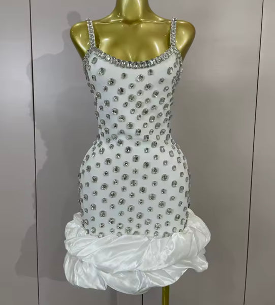 Women Sexy Sleeveless Ruffled Rhinestone Bandage Dress