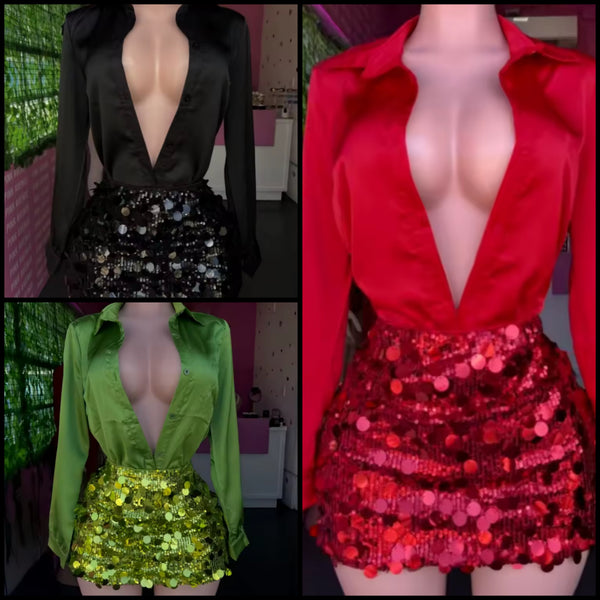 Women Sexy Deep V-Neck Full Sleeve Sequins Two Piece Skirt Set