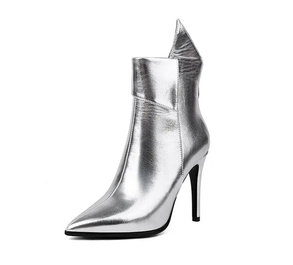 Women Fashion Pointed Toe Faux Leather Zip Up Ankle Boots