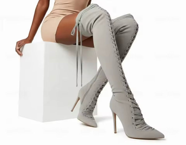 Women Fashion Pointed Toe Lace Up Suede Knee High Boots