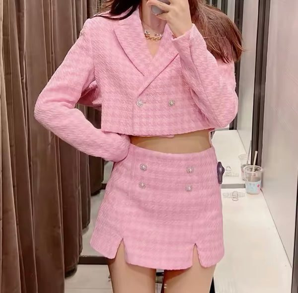 Women Sexy Pink Tweed Bling Button Blazer Two Piece Short Set
