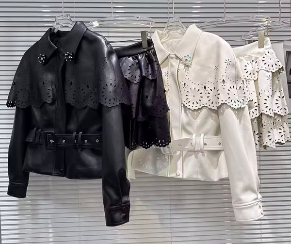 Women Fashion Ruffled Faux Leather Jacket Two Piece Skirt Set