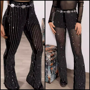 Women Fashion Black Bling Mesh Pants