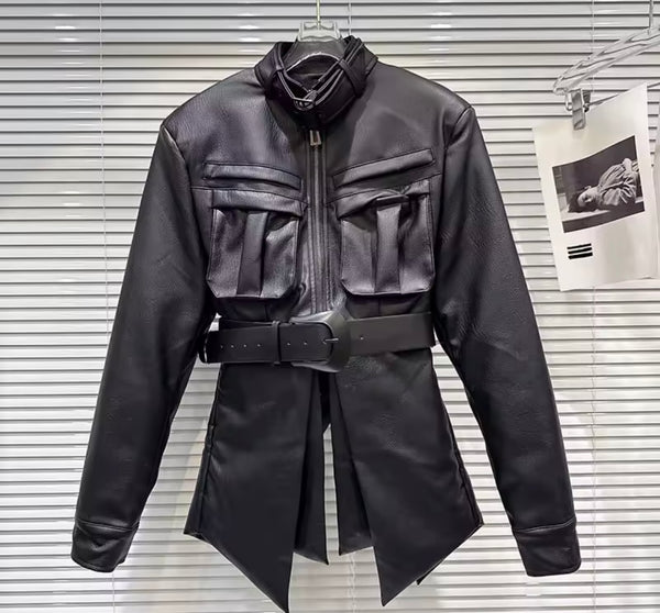 Women Fashion Black Faux Leather Open Back Blazer Jacket