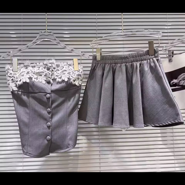 Women Gray Lace Button Up Strapless Two Piece Pleated Skirt Set