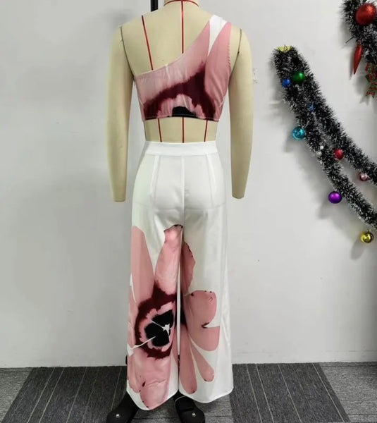 Women Sexy One Shoulder Sleeveless Crop Floral Two Piece Pant Set