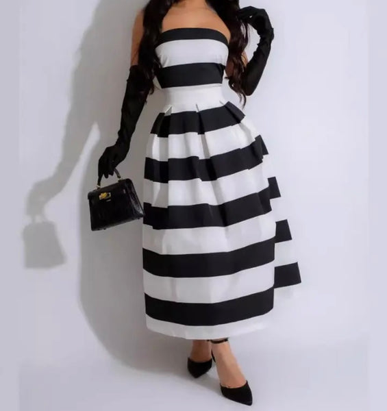 Women Sexy B&W Striped Strapless Maxi Dress
