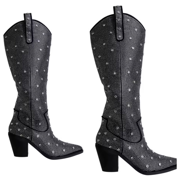 Women Bling Rhinestone Fashion Knee High Western Boots