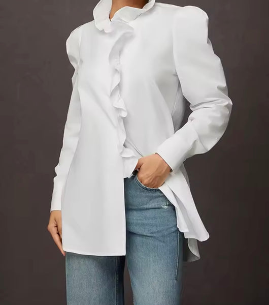 Women White Ruffled Button Up Full Sleeve Fashion Top