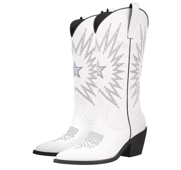 Women Fashion White Metallic Star Knee High Western Boots
