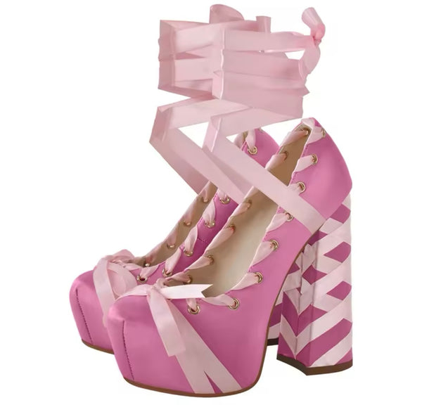Women Color Lace Up Platform Fashion High Heels