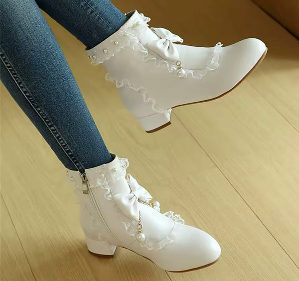 Women Fashion Pearl Color Patchwork Ruffled Bow Flat Ankle Boots