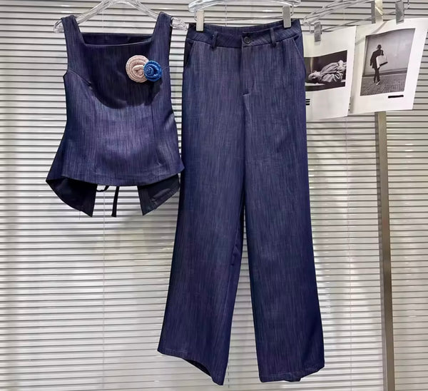 Women Sleeveless 3D Floral Denim Fashion Two Piece Pant Set
