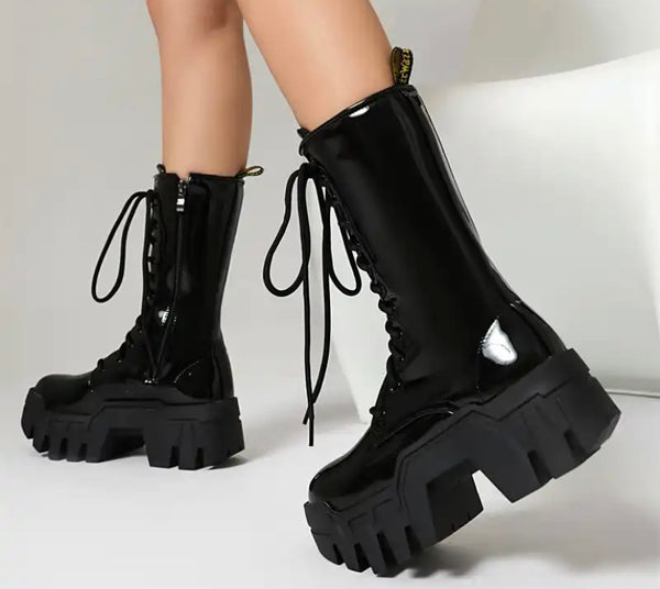 Women Fashion Color Patent Leather Lace Up Boots
