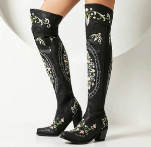 Women Fashion Floral Faux Leather Over The Knee Western Boots