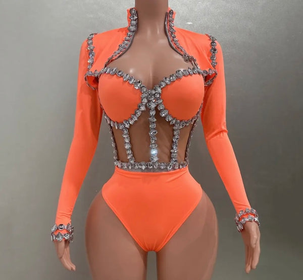 Women Sexy Orange Rhinestone Mesh Patchwork Jacket Bodysuit Top