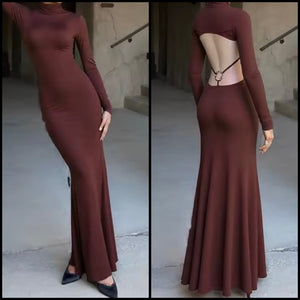 Women Sexy Brown Full Sleeve Open Back Maxi Dress