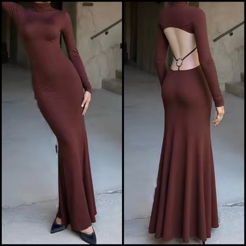 Women Sexy Brown Full Sleeve Open Back Maxi Dress