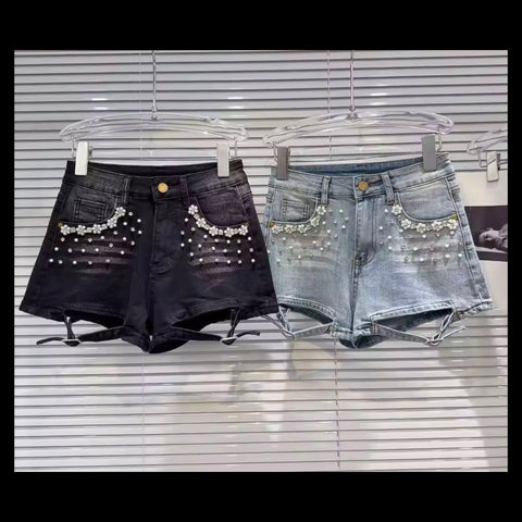 Women Fashion Beaded Bling Buckled Denim Shorts