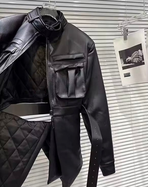 Women Fashion Black Faux Leather Open Back Blazer Jacket