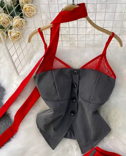 Women Gray Sleeveless Button Up Two Piece Fashion Pant Set