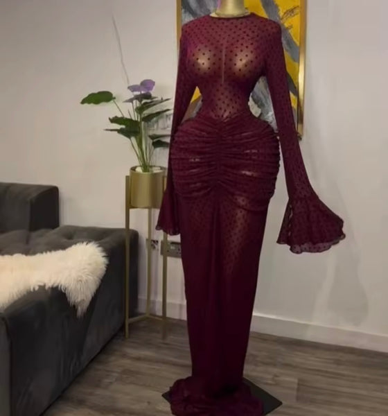 Women Sexy See Through Full Sleeve Burgundy Maxi Dress